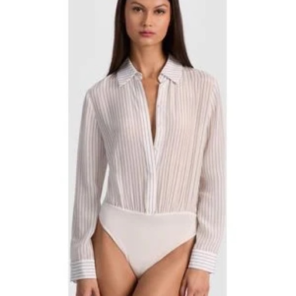 Alice + Olivia Willa Silk White and Black Stipe Bodysuit Blouse